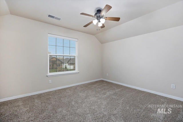 bonus room featuring carpet, vaulted ceiling, and ceiling fan