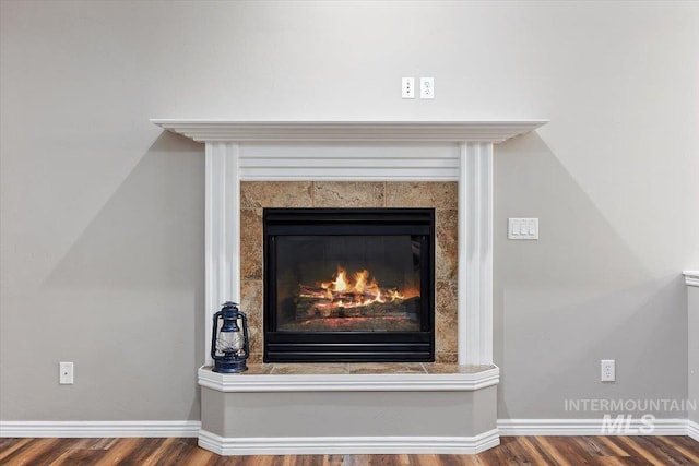 details featuring a high end fireplace and hardwood / wood-style floors