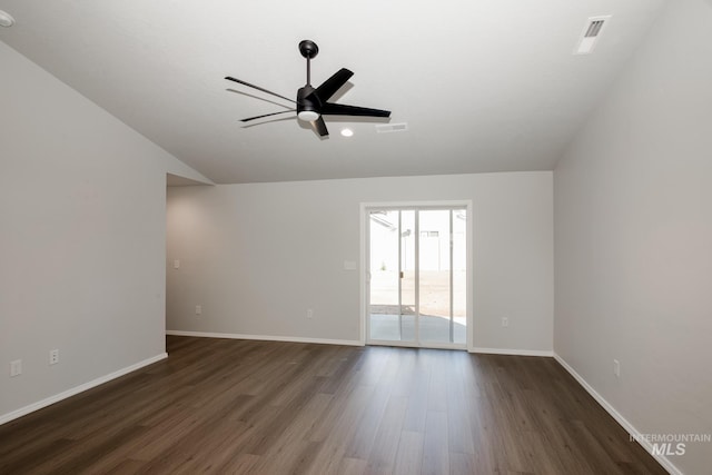 5814 W Mikonos St, Meridian, ID 83646 - empty room featuring dark wood-style flooring, baseboards, a ceiling fan, and lofted ceiling