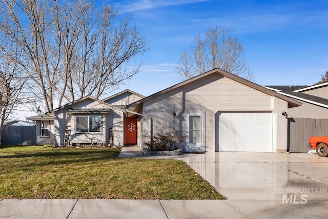 ranch-style house with a front yard and a garage