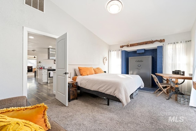 bedroom with lofted ceiling and dark hardwood / wood-style floors