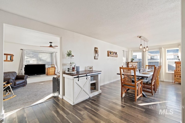 dining room with a textured ceiling, dark hardwood / wood-style flooring, and ceiling fan with notable chandelier