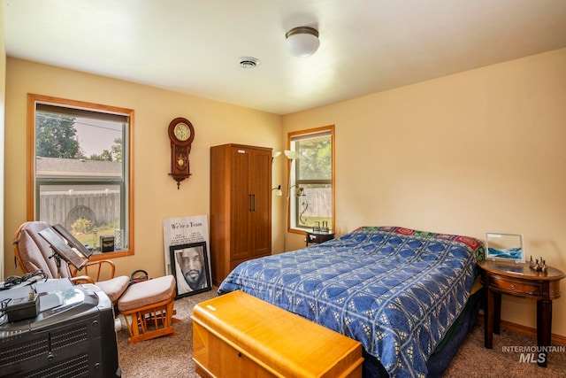 carpeted bedroom featuring multiple windows