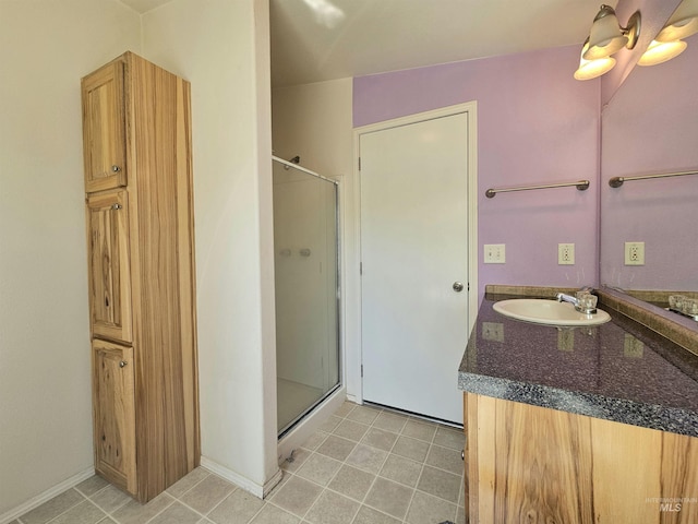 full bath featuring a shower stall, vanity, and tile patterned flooring