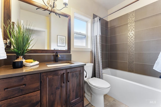 bathroom featuring toilet, vanity, and shower / tub combo with curtain