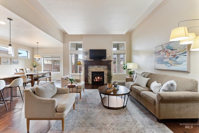 living room featuring baseboards, wood finished floors, and a fireplace