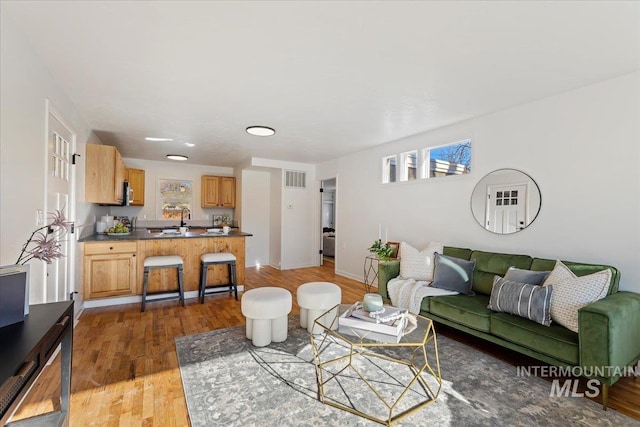 living room featuring sink and dark hardwood / wood-style floors