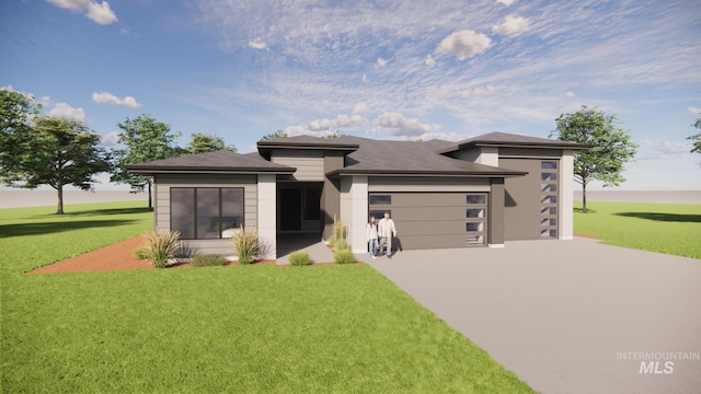 prairie-style house featuring stucco siding, a front yard, concrete driveway, and an attached garage