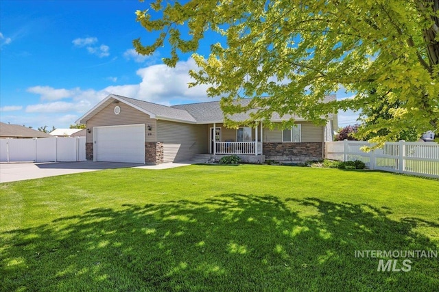 891 N Pointe Dr, Twin Falls, ID 83301 - single story home with stone siding, driveway, an attached garage, and a porch