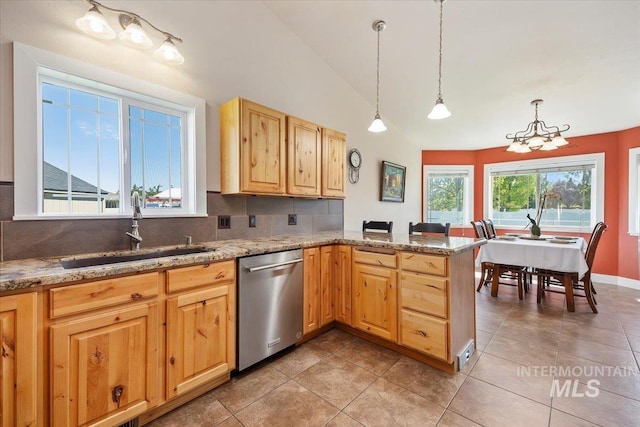 891 N Pointe Dr, Twin Falls, ID 83301 - kitchen featuring stainless steel dishwasher, a sink, decorative backsplash, a peninsula, and lofted ceiling