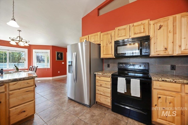 891 N Pointe Dr, Twin Falls, ID 83301 - kitchen with black appliances, light brown cabinetry, decorative backsplash, and light tile patterned floors