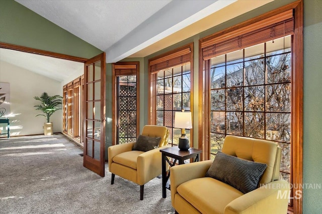 living area featuring carpet, french doors, and lofted ceiling