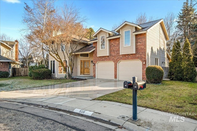 view of front of home with a front yard and a garage