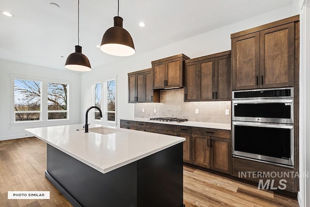 kitchen with tasteful backsplash, light countertops, light wood-style floors, stainless steel appliances, and a sink