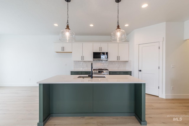 kitchen with appliances with stainless steel finishes, white cabinets, a sink, and tasteful backsplash