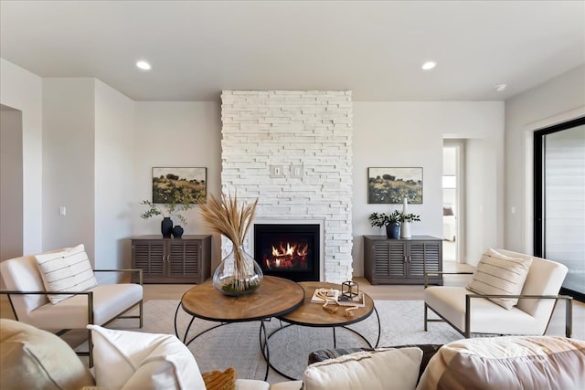 living room featuring light wood-type flooring and a fireplace