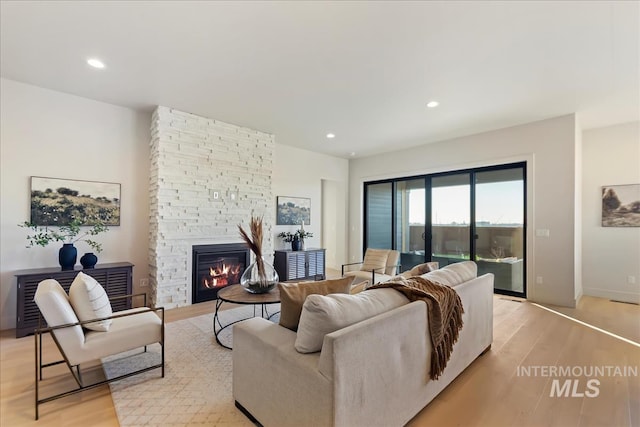 living room featuring light hardwood / wood-style floors and a stone fireplace