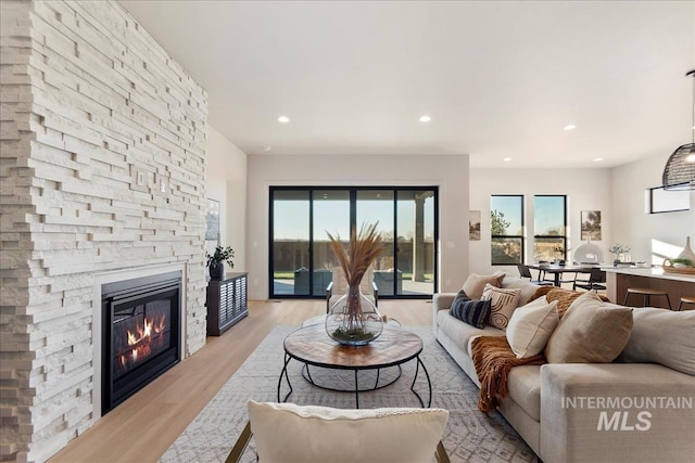 living room featuring light hardwood / wood-style floors and a stone fireplace