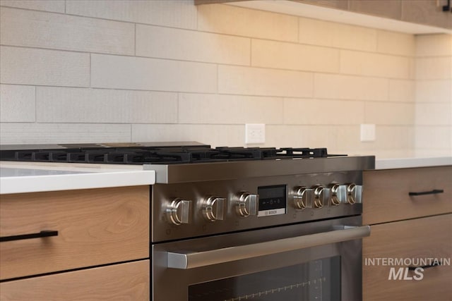 details with stainless steel range with gas stovetop and decorative backsplash