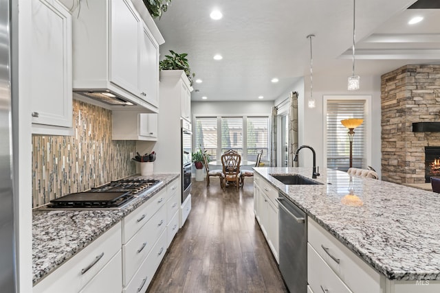 2133 N Star Garnet Ave, Kuna, ID 83634 - kitchen with appliances with stainless steel finishes, a sink, dark wood finished floors, a stone fireplace, and decorative backsplash