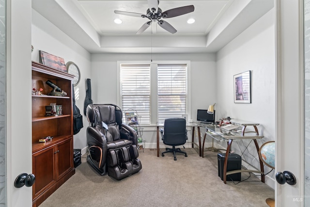 2133 N Star Garnet Ave, Kuna, ID 83634 - home office with a raised ceiling, carpet, ceiling fan, and baseboards