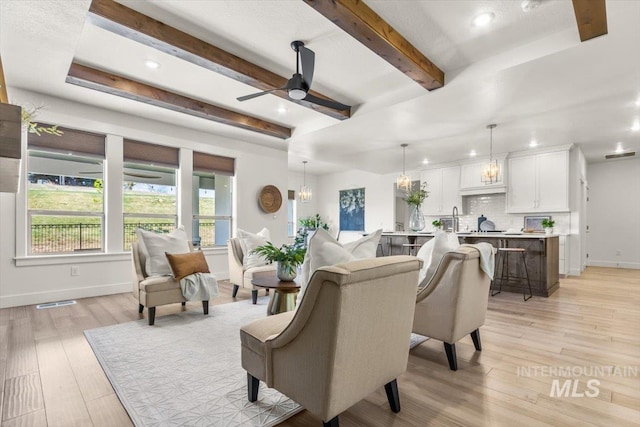 1279 W Ultar, Nampa, ID 83686 - living room featuring visible vents, beamed ceiling, baseboards, a ceiling fan, and light wood-style flooring