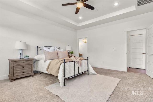 1279 W Ultar, Nampa, ID 83686 - carpeted bedroom featuring visible vents, baseboards, recessed lighting, a tray ceiling, and a ceiling fan
