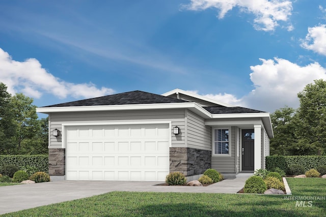 view of front of property featuring an attached garage, stone siding, a shingled roof, and concrete driveway