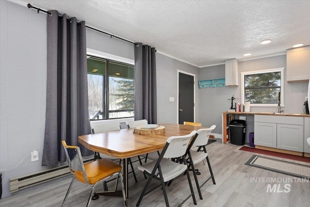 dining area with a baseboard heating unit, a wealth of natural light, a textured ceiling, and light wood-type flooring