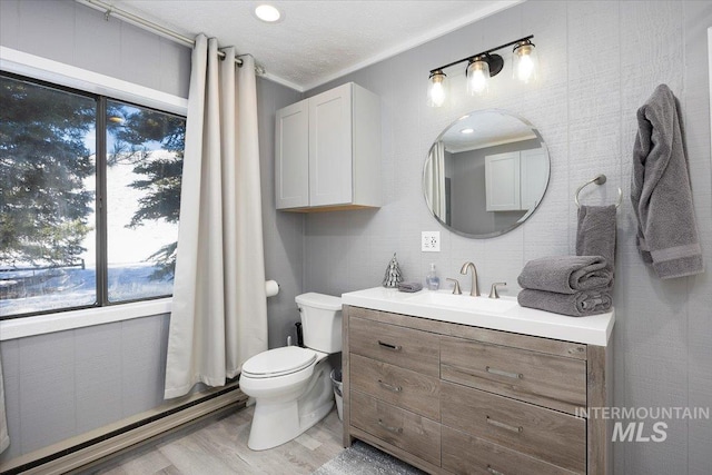 bathroom with vanity, hardwood / wood-style floors, ornamental molding, and toilet