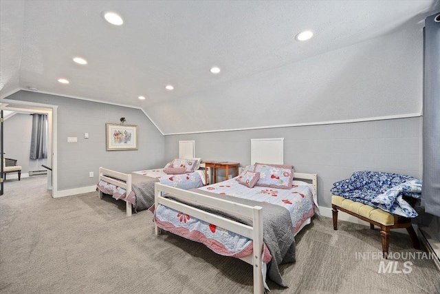 carpeted bedroom featuring a baseboard radiator, lofted ceiling, and a textured ceiling