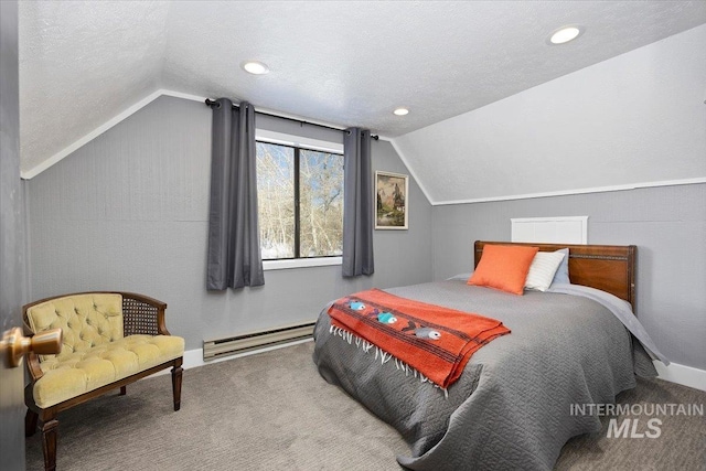 bedroom featuring lofted ceiling, carpet, a textured ceiling, and baseboard heating