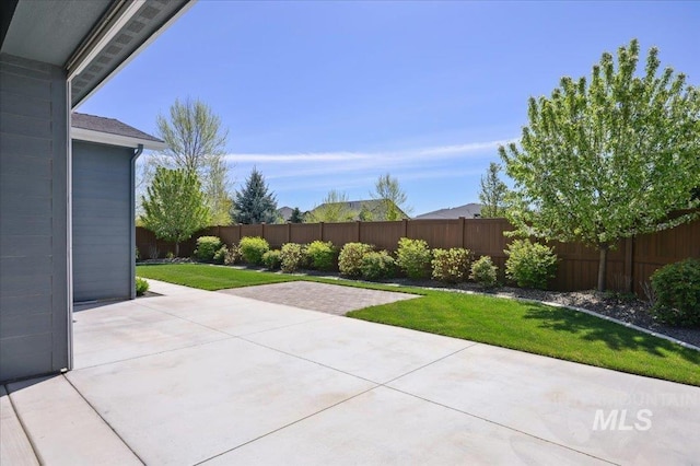 view of yard with a fenced backyard and a patio