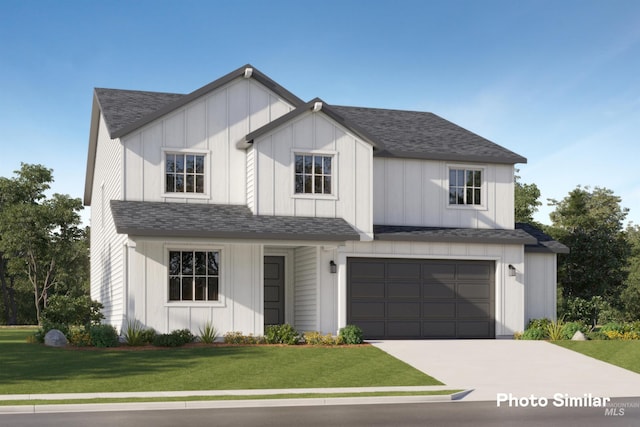 modern farmhouse featuring a garage, board and batten siding, roof with shingles, a front yard, and driveway