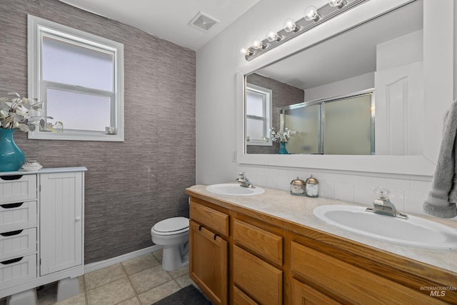 5174 N Rothmans Ave, Boise, ID 83713 - full bathroom with double vanity, a stall shower, tile patterned flooring, and wallpapered walls