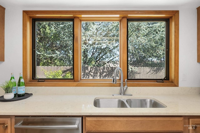kitchen with stainless steel dishwasher, light stone counters, and a sink
