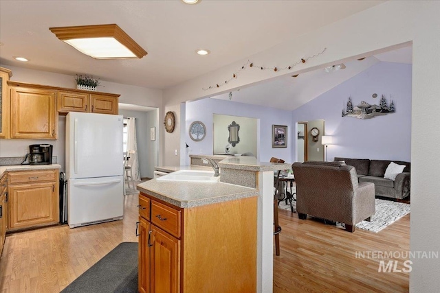 kitchen featuring light wood finished floors, light countertops, freestanding refrigerator, open floor plan, and a sink