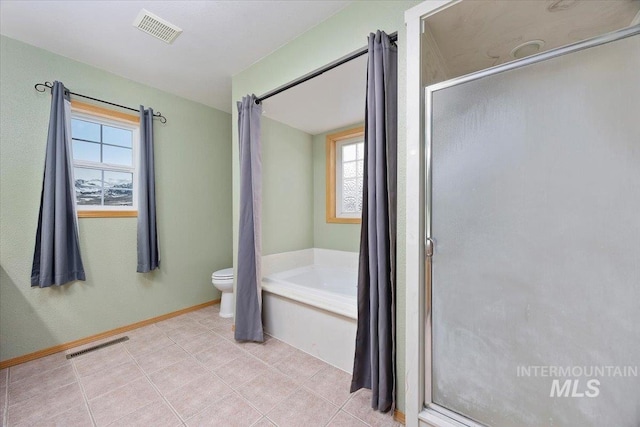 full bath featuring toilet, a stall shower, and visible vents