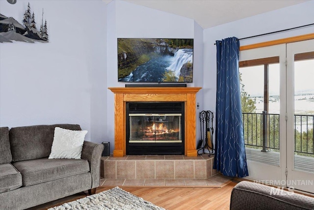 living area featuring wood finished floors and a glass covered fireplace