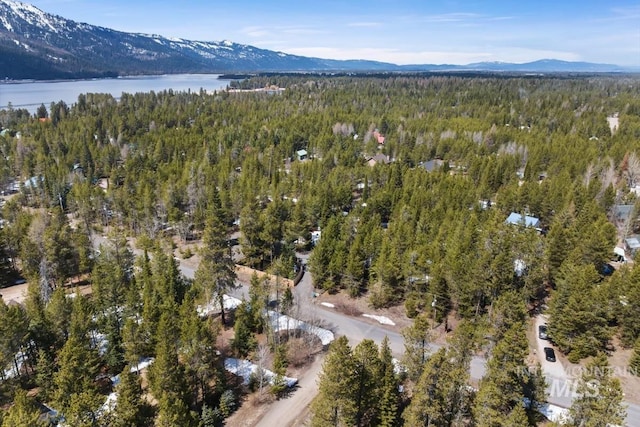 bird's eye view with a forest view and a water and mountain view
