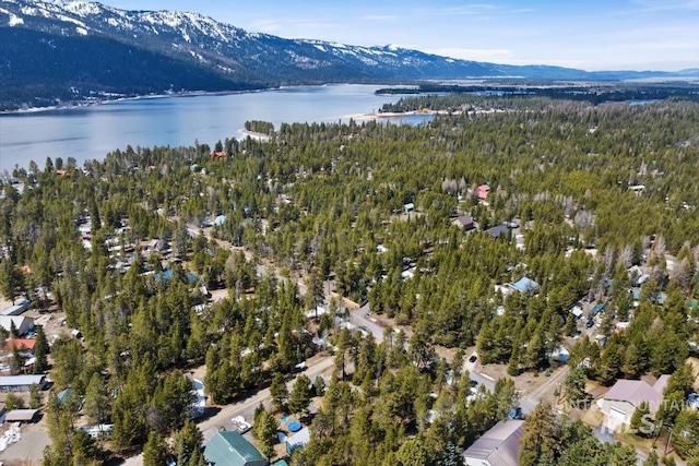 aerial view featuring a forest view and a water and mountain view