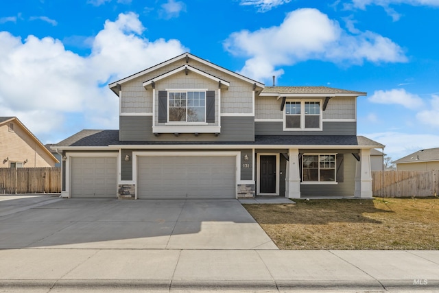 craftsman house with driveway, a garage, stone siding, a porch, and roof with shingles