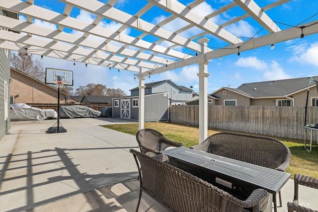 view of patio with a storage unit, an outdoor structure, a trampoline, a residential view, and a pergola