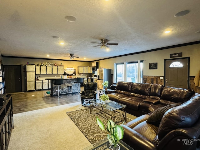 living area with ornamental molding, a ceiling fan, light carpet, a textured ceiling, and light wood-type flooring