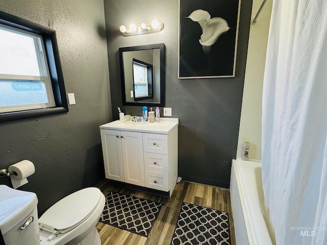 bathroom featuring toilet, vanity, wood finished floors, and a textured wall