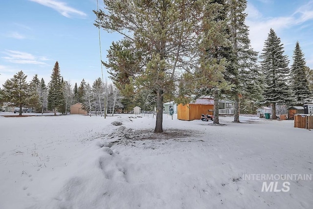 yard covered in snow featuring a storage shed