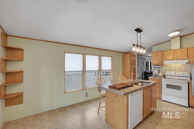 kitchen featuring white appliances, sink, decorative backsplash, an island with sink, and decorative light fixtures