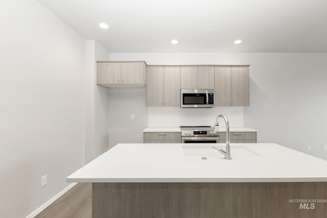 2887 N Rocky Bottom Way, Kuna, ID 83634 - kitchen featuring appliances with stainless steel finishes, light countertops, tasteful backsplash, light wood-style floors, and a center island with sink