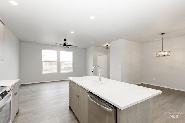 2887 N Rocky Bottom Way, Kuna, ID 83634 - kitchen featuring appliances with stainless steel finishes, a sink, open floor plan, light wood-style floors, and light countertops