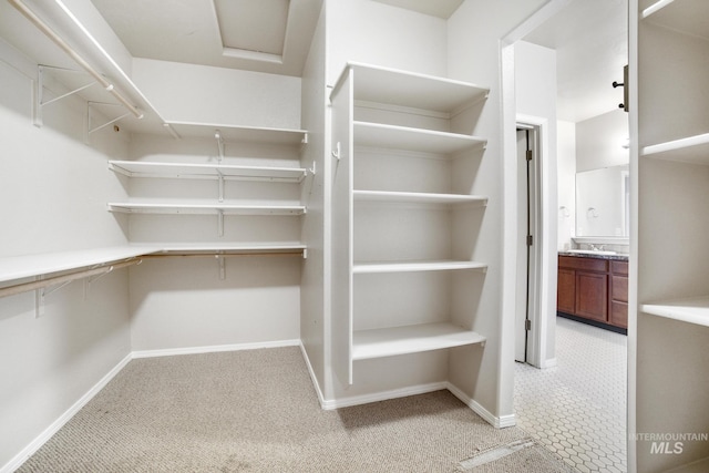 spacious closet with light carpet